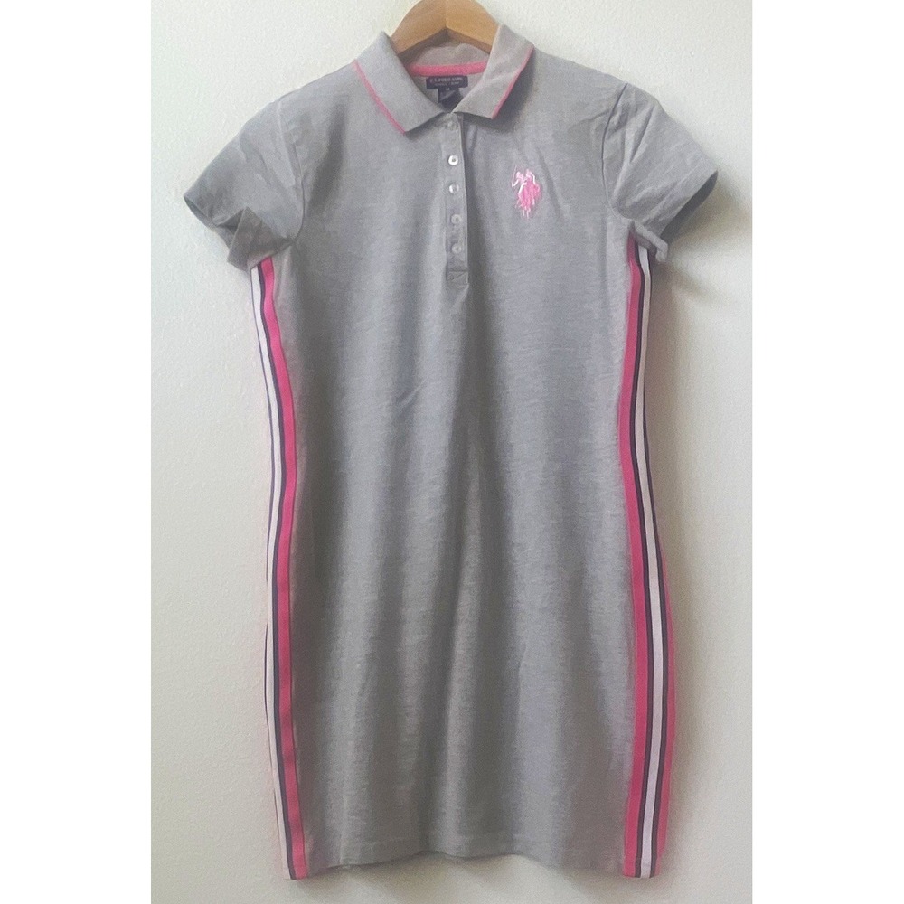 U.S. Polo Assn. Girls Size M Gray Shirt Dress Pink Stripes Collared Knee